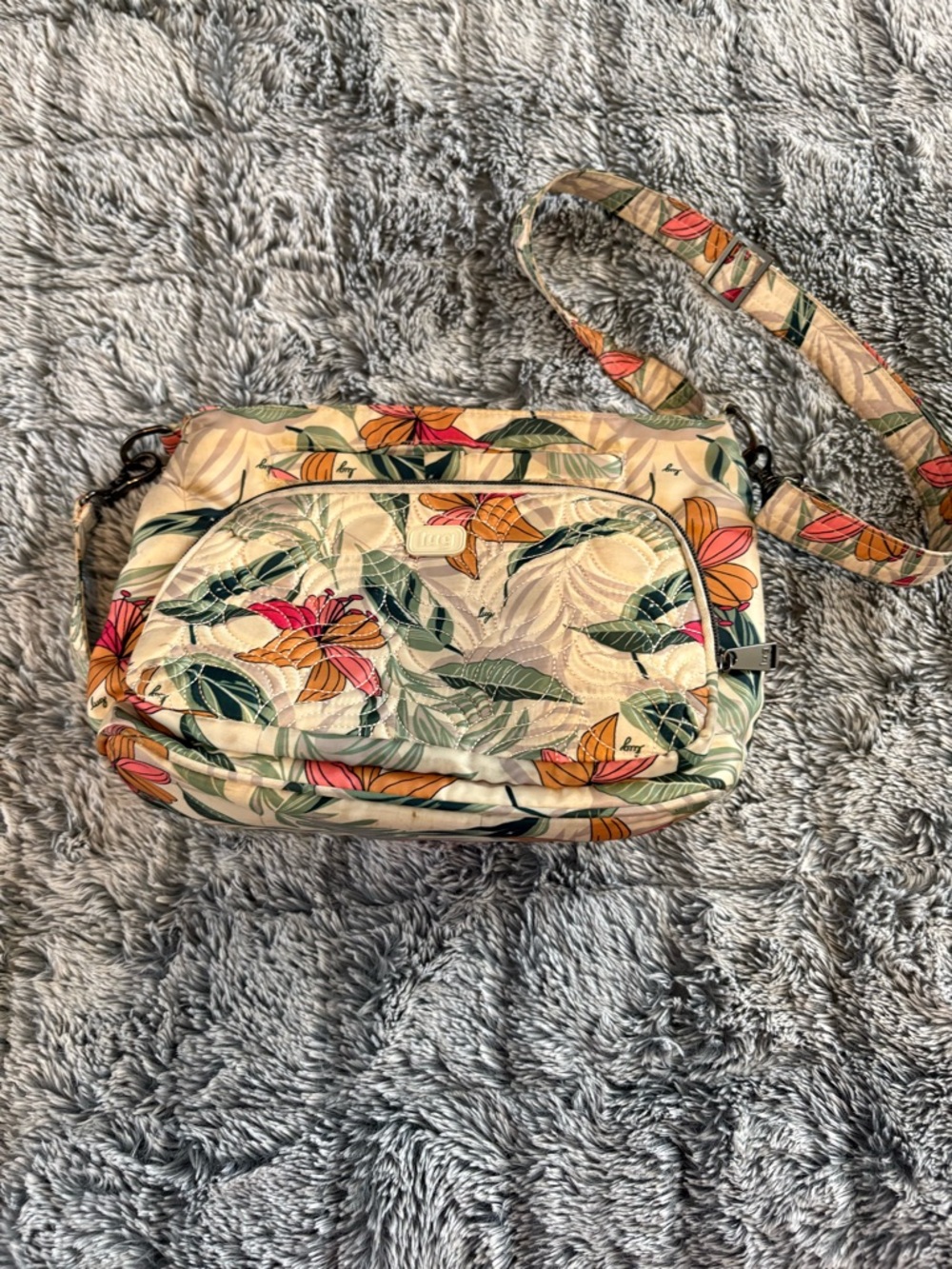 lug Floral Quilted Cream Crossbody with Green and Pink Leaves